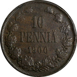 Finland Nicholas II Copper 1900 10 Pennia Mintage-524,000 KM# 14