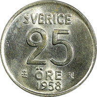 Sweden Gustaf VI Silver 1958 TS 25 Öre GEM BU COIN KM# 824 (22 019)