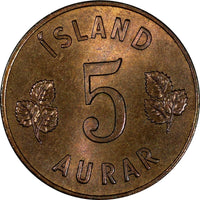 Iceland Bronze 1960 5 Aurar SCARCE IN HIGH GRADE ch.UNC Toning KM# 9 (17 187)