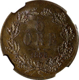 SWEDEN Oscar I Bronze 1858/7 5 Ore Overdate NGC MS63 BN 2 YEAR TYPE KM# 690