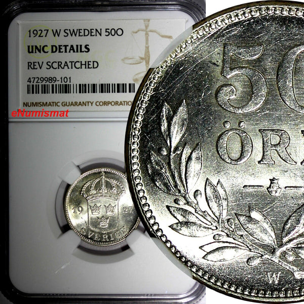 SWEDEN Gustaf V Silver 1927 W 50 Ore NGC UNC DETAILS SCARCE DATE KM# 788 (101)