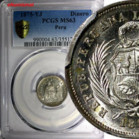 PERU Silver 1875 YJ 1  Dinero PCGS MS63 NICE COIN KM# 190
