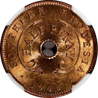 Southern Rhodesia Bronze 1943 1/2 Penny NGC MS65 RD FULL RED TONING KM# 14a (28)