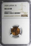 Latvia Bronze 1939 1 Santims NGC MS64 RB Rainbow Toned KM# 10 (012)