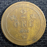 SWEDEN Oscar II Bronze 1904  2 Ore Large Letters  KM# 746  (23 114)