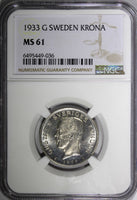 SWEDEN Gustaf V Silver 1933 G 1 Krona NGC MS61 PROOF LIKE Flashy KM# 786.2 (036)