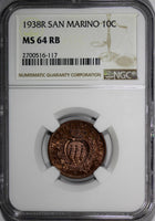 San Marino Bronze 1938-R 10 Centesimi NGC MS64 RB Mintage-400,000 KM# 13