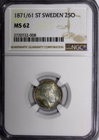 SWEDEN Carl XV Silver 1871/61 25 ORE OVERDATE NGC MS62 1 GRADED HIGHER KM712 (8)