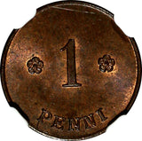 Finland Copper 1922 1 Penni NGC MS65 BN TOP GRADED BY NGC KM# 23 (045)