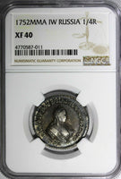 RUSSIA Elizabeth Silver 1752 MMA IW Polupoltinnik 1/4 Ruble NGC XF40 RARE C# 17a