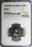 RUSSIA Elizabeth Silver 1752 MMA IW Polupoltinnik 1/4 Ruble NGC XF40 RARE C# 17a