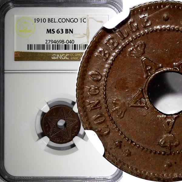 Belgian Congo Copper 1910 1 Centime NGC MS63 BN Soft Struck KM# 15 (040)