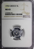 Greece Aluminum 1954 5 Lepta NGC MS65 GEM BU  Proof Like KM# 77  (061)