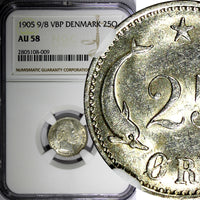 Denmark Christian IX Silver 1905 9/8  VBP 25 Ore NGC AU58 OVERDATE KM# 796.2 (9)