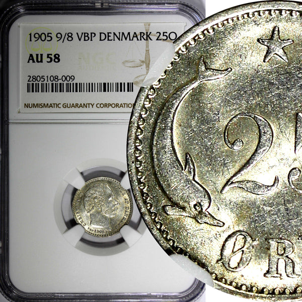 Denmark Christian IX Silver 1905 9/8  VBP 25 Ore NGC AU58 OVERDATE KM# 796.2 (9)