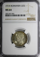Romania Carol I Silver 1914 Leu NGC MS64 Nice Toned Hamburg Mint KM# 42