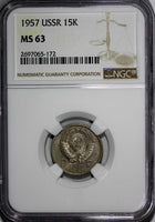 Russia USSR Copper-Nickel 1957 15 Kopeks NGC MS63 1 YEAR TYPE Y# 124 (172)