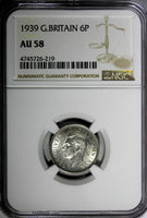 GREAT BRITAIN George VI Silver 1939 6 Pence NGC AU58  KM# 852
