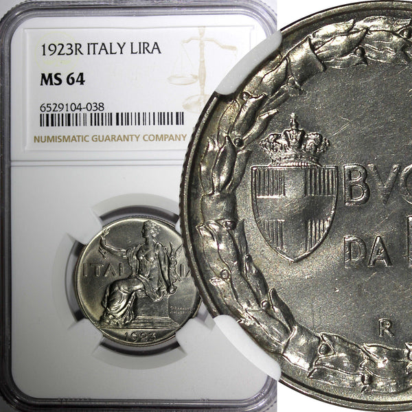 Italy Vittorio Emanuele III 1923 R 1 Lira NGC MS64 GEM BU KM# 62 (38)