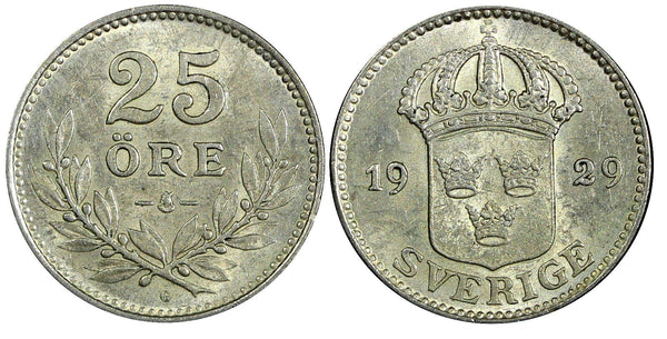 Sweden Gustaf V Silver 1929 G  25 Öre aUNC  KM# 785 (22 054)
