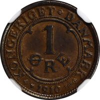 Denmark Frederik VIII Bronze 1910 VBP, GJ 1 Ore NGC MS62 BN KM# 804 (012)