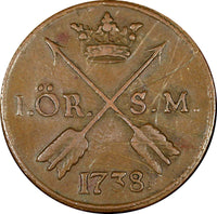 Sweden Frederick I Copper 1738 S.M. 1 ORE KM# 416.1  (21 357)