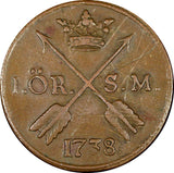 Sweden Frederick I Copper 1738 S.M. 1 ORE KM# 416.1  (21 357)