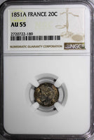 FRANCE Silver 1851-A 20 Centimes NGC AU55 NICE TONING Liberty Head KM# 758.1 (9)