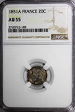 FRANCE Silver 1851-A 20 Centimes NGC AU55 NICE TONING Liberty Head KM# 758.1 (9)