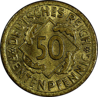 Germany - Weimar Republic 1924 A 50 Rentenpfennig XF KM# 34 (19 828)