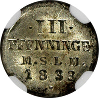 Germany MECKLENBURG-SCHWERIN Friedrich Franz I 1833 3 Pfennig NGC MS63 KM282(62)