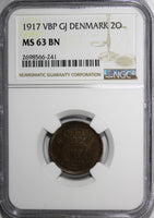 Denmark Christian X Bronze 1917 VBP GJ 2 Ore NGC MS63 BN SCARCE DATE KM# 813.1