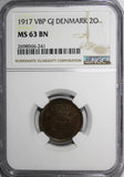 Denmark Christian X Bronze 1917 VBP GJ 2 Ore NGC MS63 BN SCARCE DATE KM# 813.1