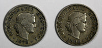 Switzerland LOT OF 2 COINS 1879,1899  5 Rappen BETTER SCARCE DATES KM# 26 (733)