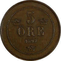 Sweden Oscar II Bronze 1897 5 Öre Mintage-570,000 large letters KM# 757 (17 875)