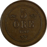 Sweden Oscar II Bronze 1897 5 Öre Mintage-570,000 large letters KM# 757 (17 875)