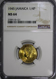 Jamaica George VI Nickel-Brass 1945 1 Farthing NGC MS64 Mintage-480,000 KM# 30