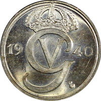 Sweden Gustaf V Nickel-Bronze 1940 G 25 Öre GEM BU  KM# 798 (22 033)