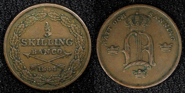 SWEDEN Oscar I Copper 1844 1/3 Skilling Mintage-226 368 KM# 657 (547)