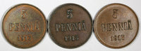 FINLAND Nicholas II Copper LOT OF 3 COINS 1913 5 Penniä KM# 15 (18 176)