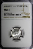 EGYPT Farouk Silver AH1356//1937 2 Piastres NGC MS64 Mintage-500,000 KM# 365(58)