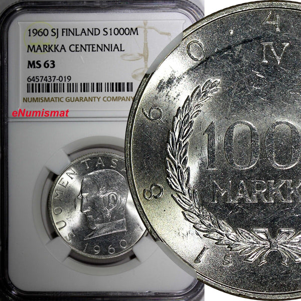 FINLAND Silver 1960 S J 1000 Markkaa Snellman Mintage-201,000 NGC MS63 KM# 43(9)