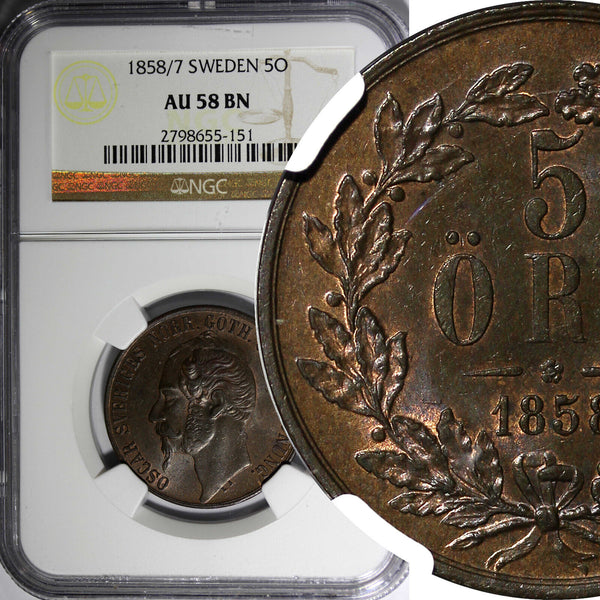 SWEDEN Oscar I Bronze 1858/7  5 Ore  Overdate NGC AU58 BN  KM# 690  (151)