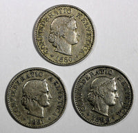 Switzerland LOT OF 3 COINS 1880-1899  5 Rappen BETTER SCARCE DATES KM# 26 (731)