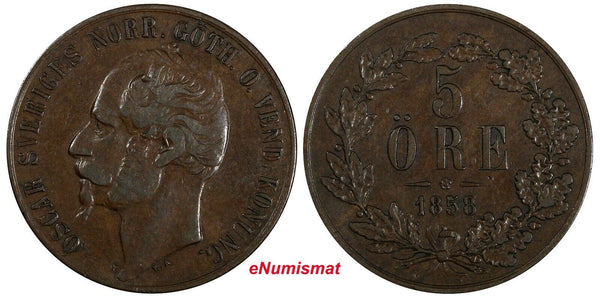 SWEDEN Oscar I Bronze 1858 L.A.  5 Ore  KM# 690 (20 427)