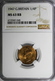 Great Britain George VI Bronze 1947 Farthing NGC MS63 RB KM# 843