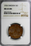 Sweden Gustaf V Bronze 1926 5 Öre NGC MS65 BN TOP GRADED BY NGC KM# 779.2(044)