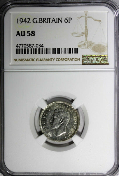 Great Britain George VI Silver 1942 6 Pence NGC AU58 KM# 852