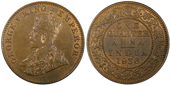 India-British George V Bronze 1936 (B) 1/4 Anna UNC Toned KM# 512  (22 302)