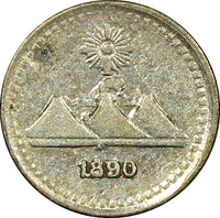 Guatemala Silver 1890 1/4 Real  sun above 3 volcanoes  KM# 158 (22 694)